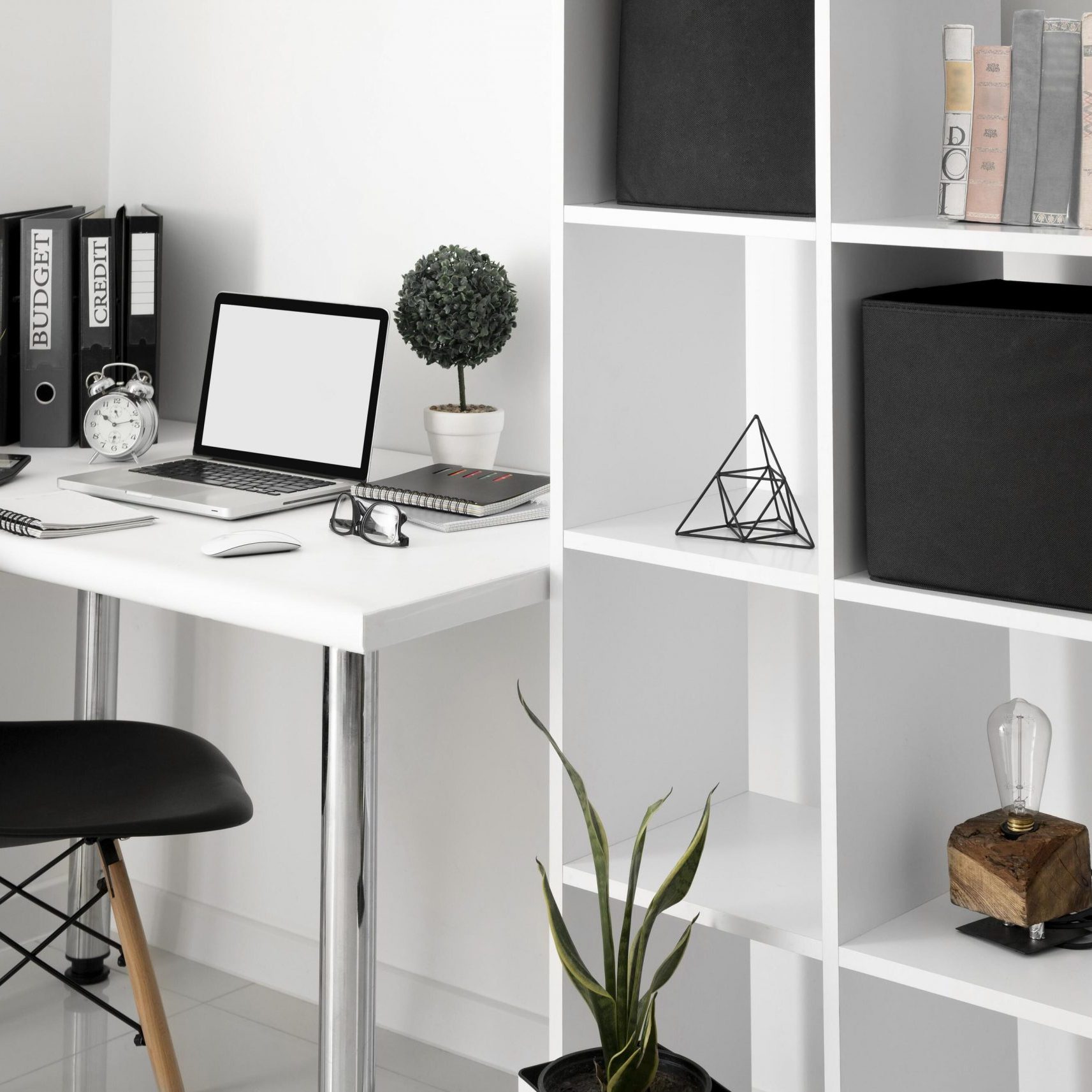 office desk with laptop chair shelf. Resolution and high quality beautiful photo